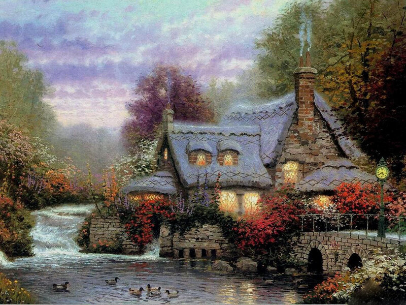 Cottage by a River — Purple, Serene