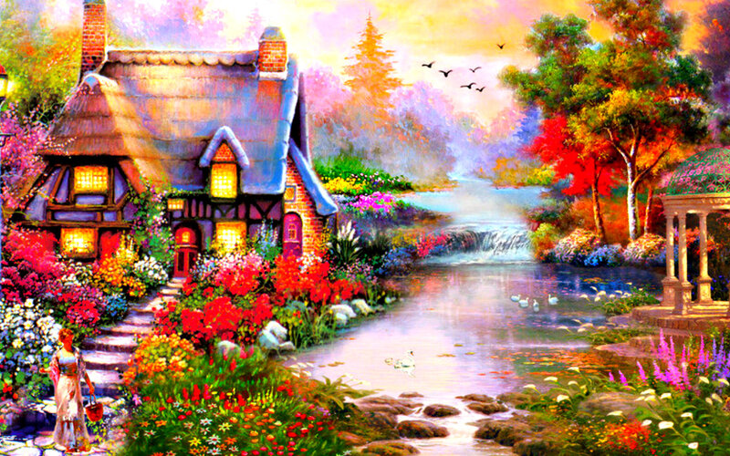 Cottage by a River — Red, Serene, Sunset, Painting