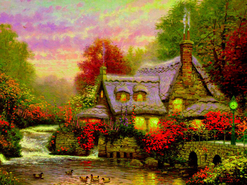 Cottage by a River — Red, Serene, Sunset