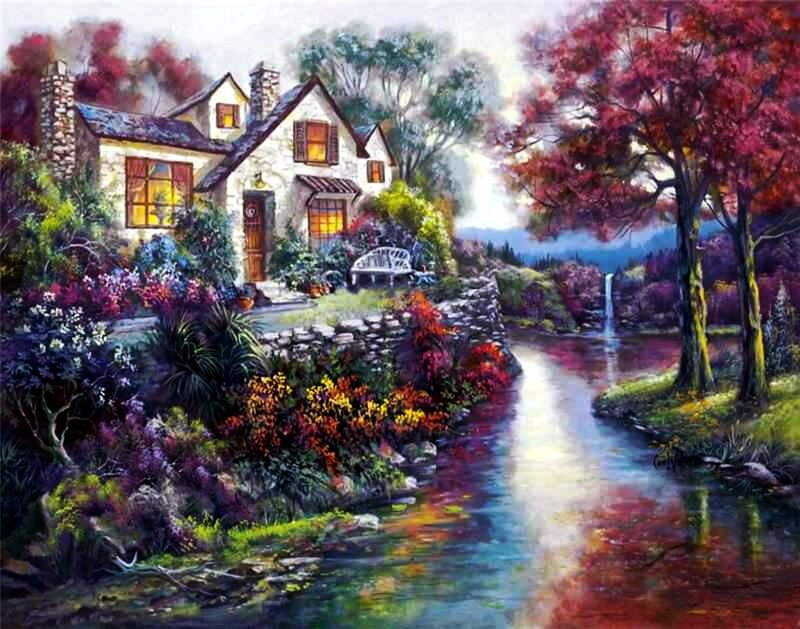 Cottage by a River — Red, Serene