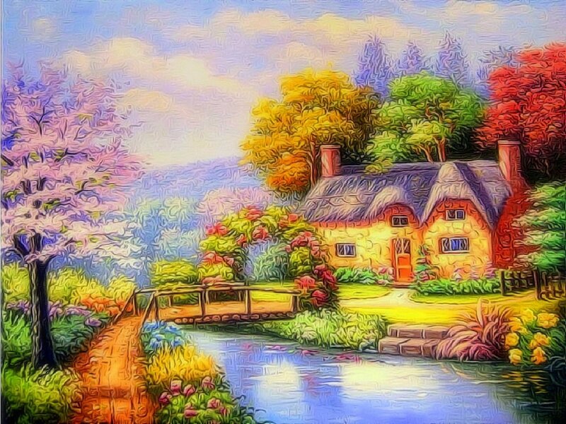 Cottage by a River — Yellow, Serene, Spring