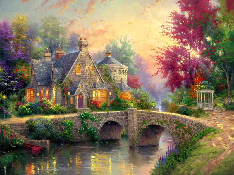 Cottage by a River — Yellow, Serene, Sunset, Painting