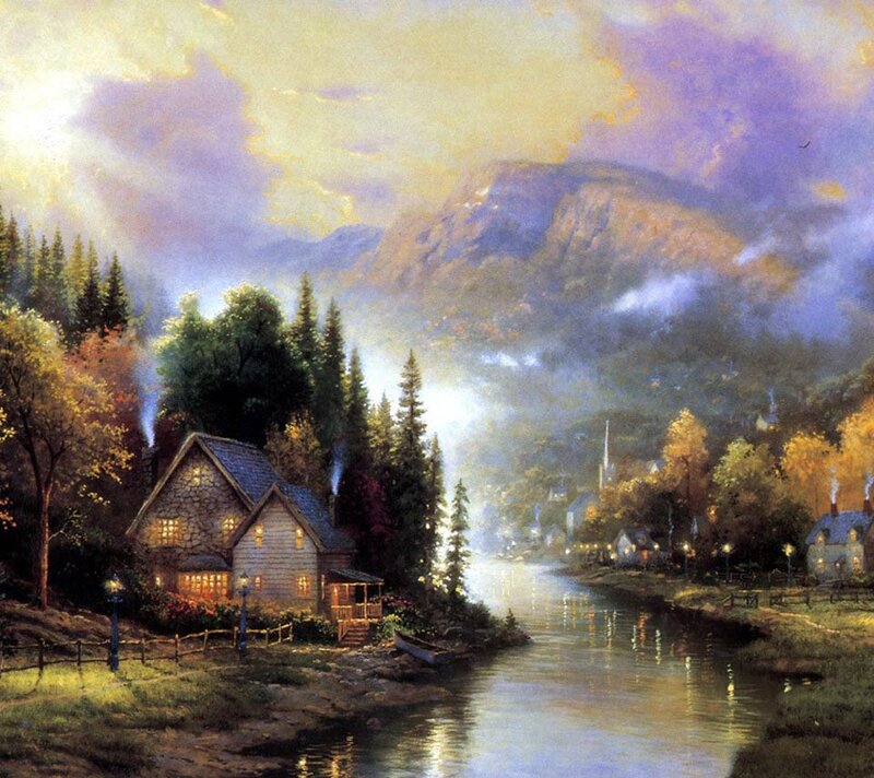 Cottage by a River — Yellow, Serene, Sunset