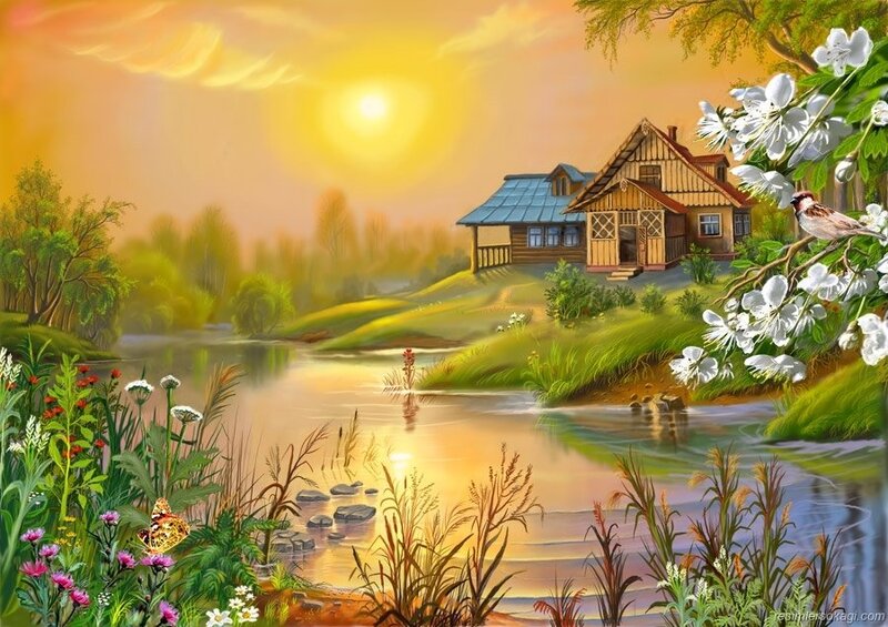 Cottage by a River — Yellow, Serene