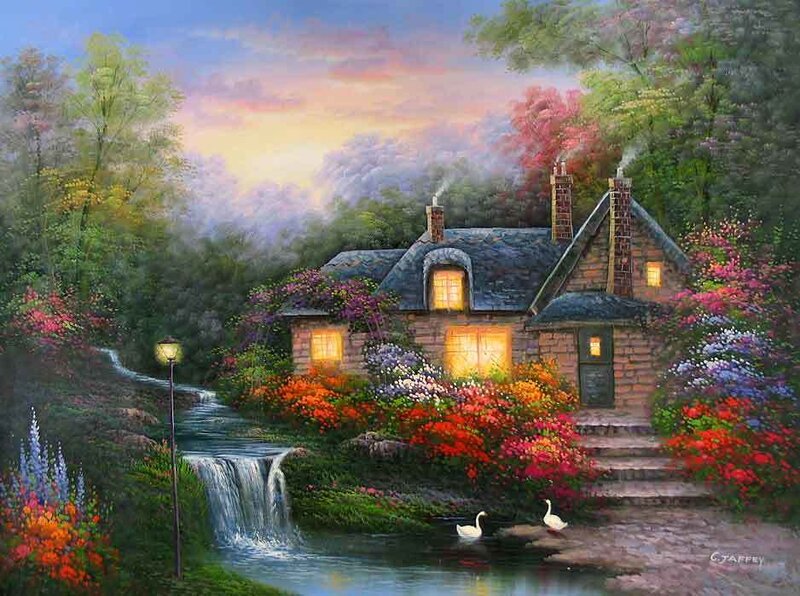Cottage by a stream at dusk