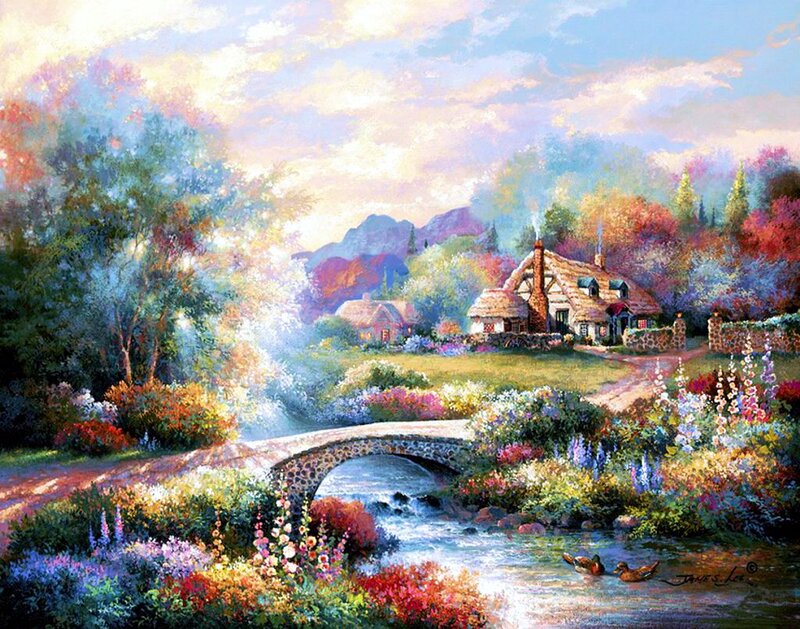 Cottage by a Stream — Blue, Serene, Afternoon, Painting