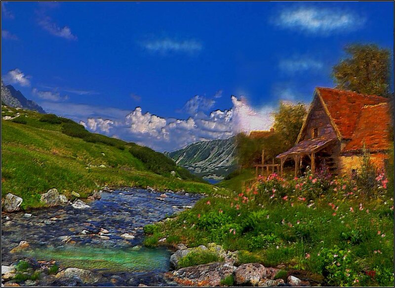 Cottage by a Stream — Blue, Serene, Afternoon