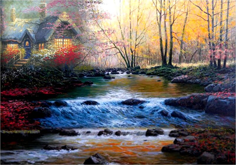 Cottage by a Stream — Blue, Serene, Autumn