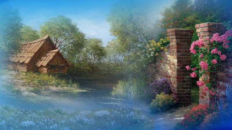 Cottage by a Stream — Blue, Serene, Morning