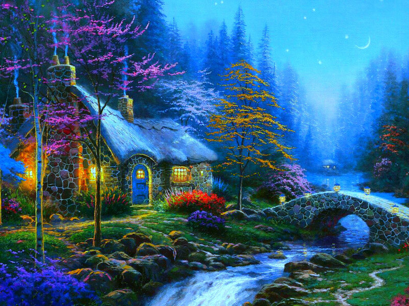 Cottage by a Stream — Blue, Serene, Night, Painting, Bridge