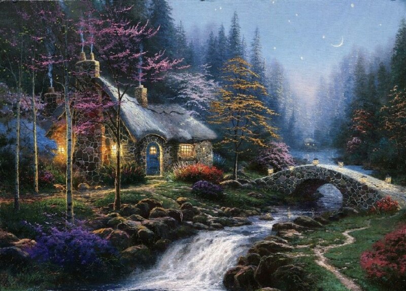 Cottage by a Stream — Blue, Serene, Night, Painting