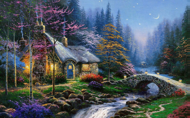 Cottage by a Stream — Blue, Serene, Night
