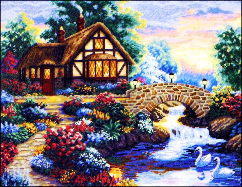 Cottage by a Stream — Blue, Serene, Sunset, Illustration