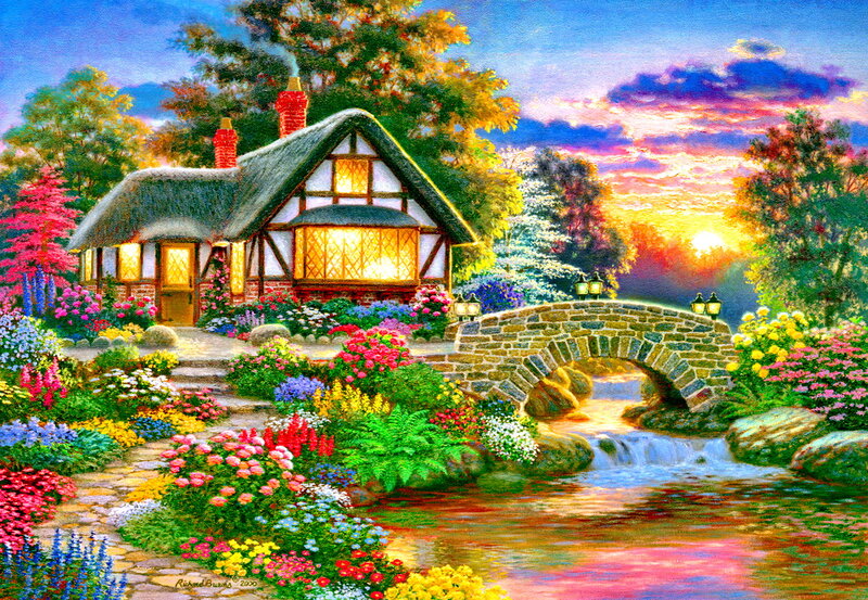 Cottage by a Stream — Blue, Serene, Sunset