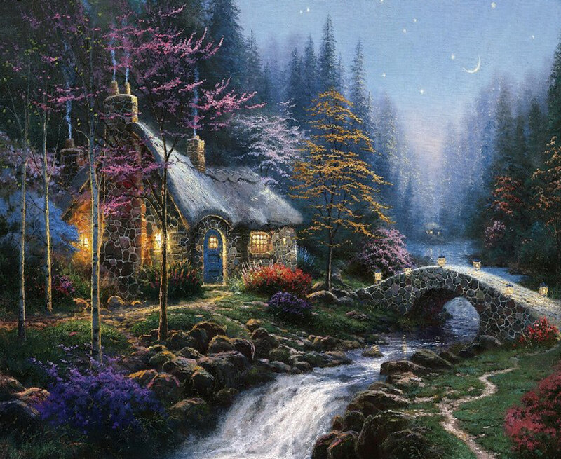 Cottage by a Stream — Blue, Serene