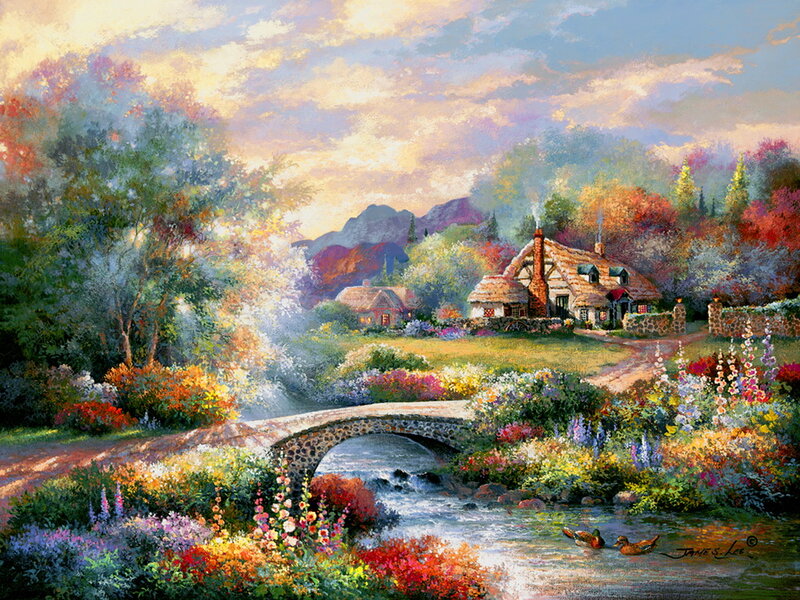 Cottage by a Stream — Green, Serene, Afternoon, Painting, Bridge, Flowers