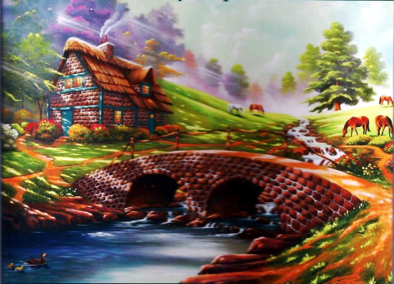 Cottage by a Stream — Green, Serene, Afternoon, Painting, Bridge, Horses