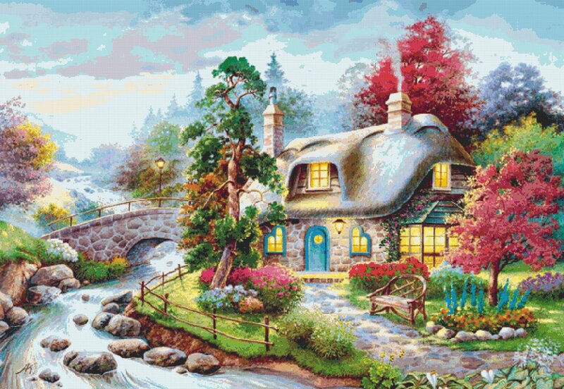 Cottage by a Stream — Green, Serene, Afternoon, Painting, Bridge