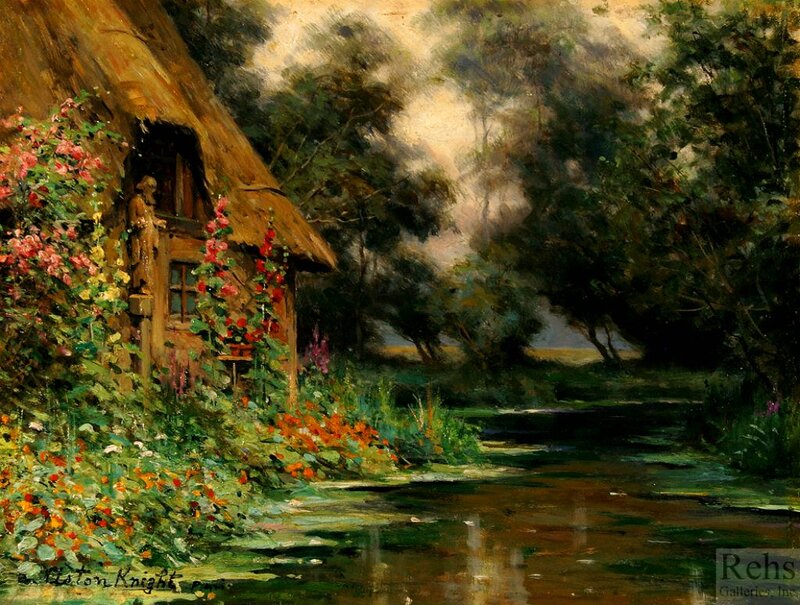 Cottage by a Stream — Green, Serene, Afternoon, Painting, Flowers