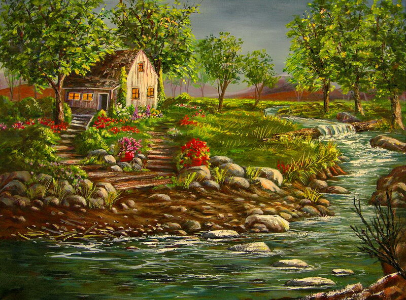 Cottage by a Stream — Green, Serene, Afternoon, Painting, Flowers, Trees
