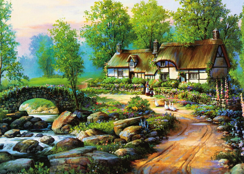Cottage by a Stream — Green, Serene, Afternoon, Painting, House
