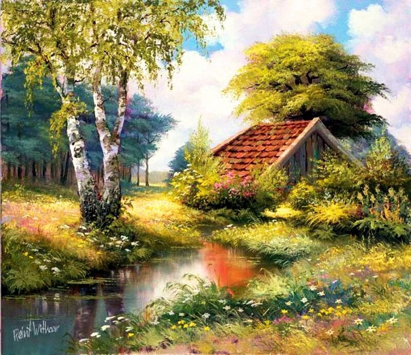 Cottage by a Stream — Green, Serene, Afternoon, Painting, Tree, Flowers