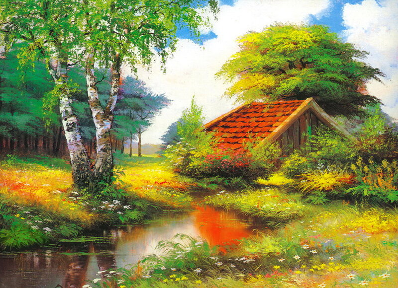 Cottage by a Stream — Green, Serene, Afternoon, Painting, Tree