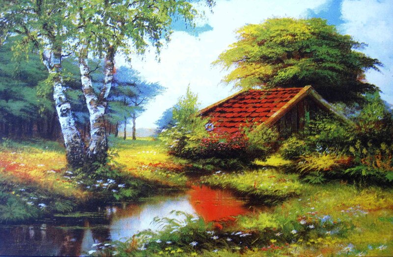 Cottage by a Stream — Green, Serene, Afternoon, Painting, Trees, Flowers