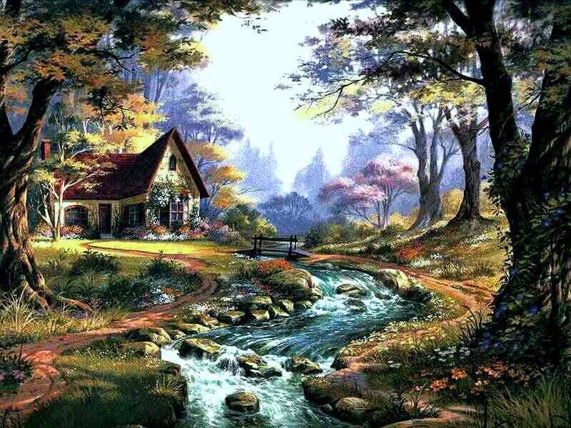 Cottage by a Stream — Green, Serene, Afternoon