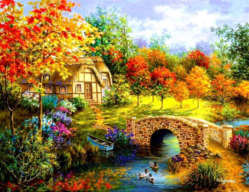 Cottage by a Stream — Green, Serene, Autumn, Painting, Bridge, Boat