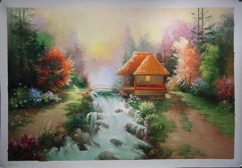 Cottage by a Stream — Green, Serene, Autumn, Painting, Bridge, Forest