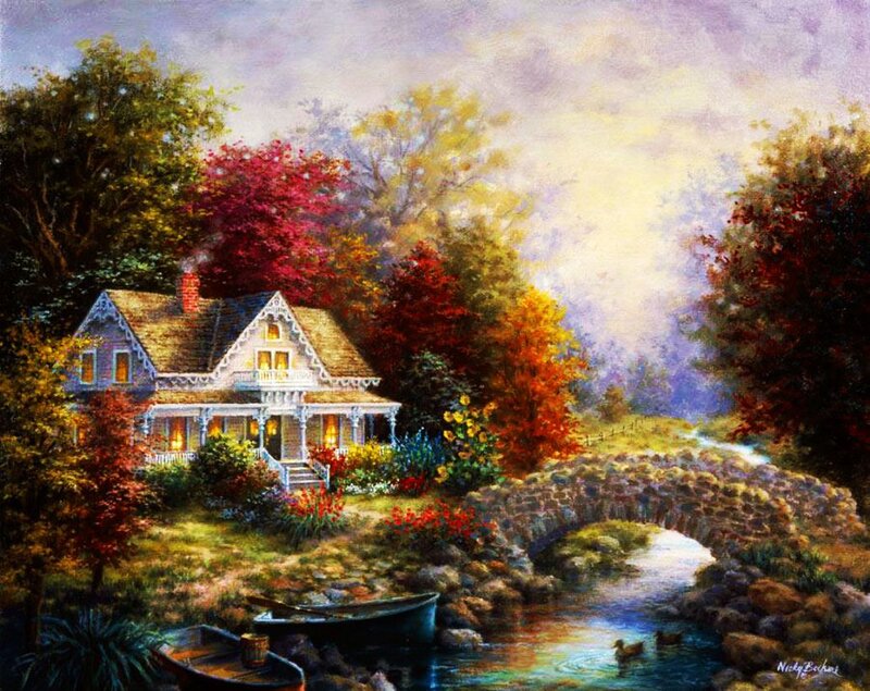 Cottage by a Stream — Green, Serene, Autumn, Painting, House, Bridge