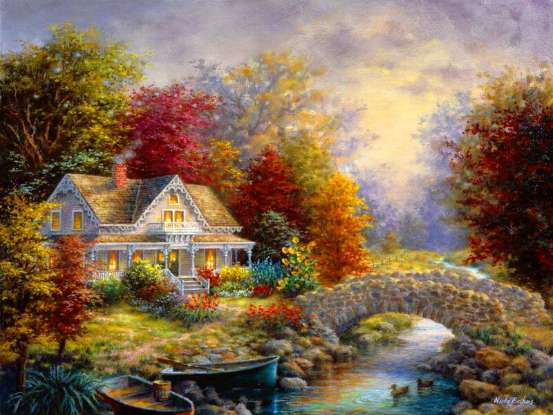 Cottage by a Stream — Green, Serene, Autumn, Painting, House