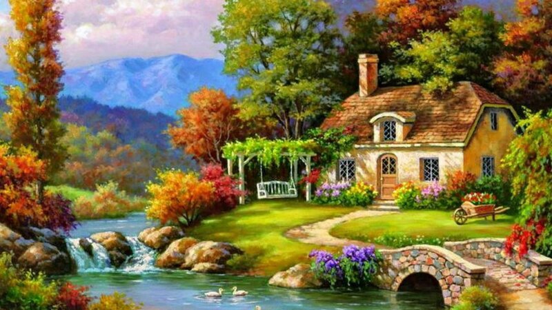 Cottage by a Stream — Green, Serene, Autumn, Painting, Mountains