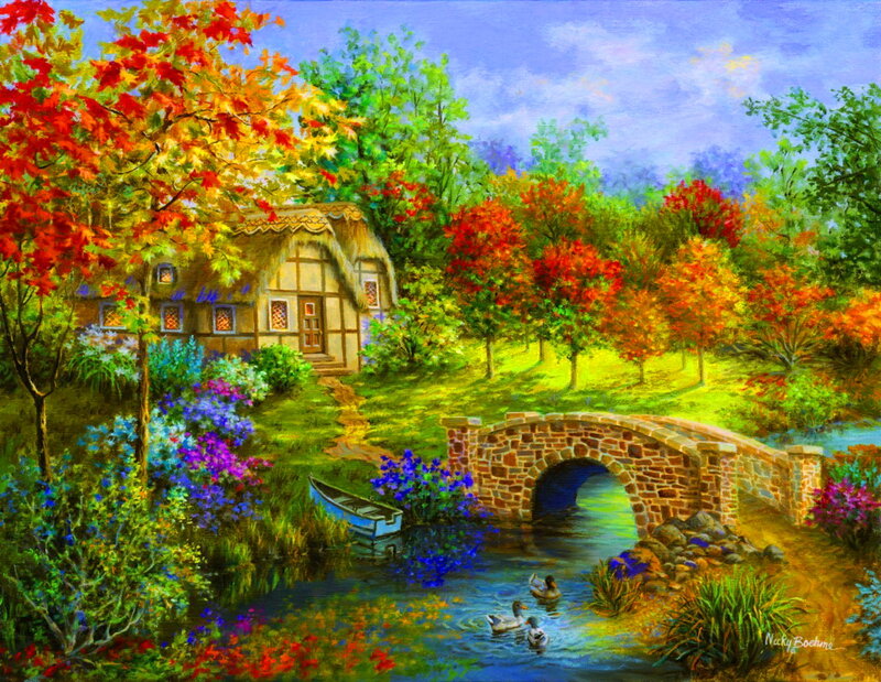 Cottage by a Stream — Green, Serene, Autumn