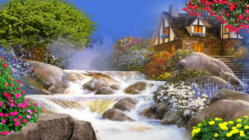 Cottage by a Stream — Green, Serene, Morning