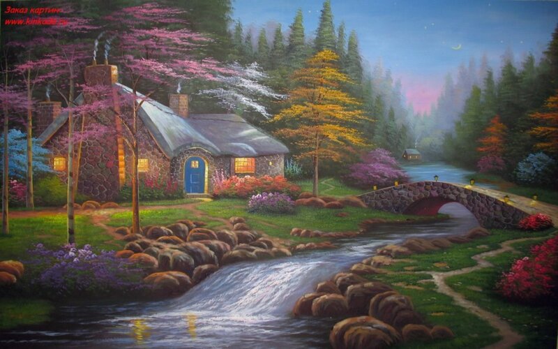 Cottage by a Stream — Green, Serene, Night, Painting