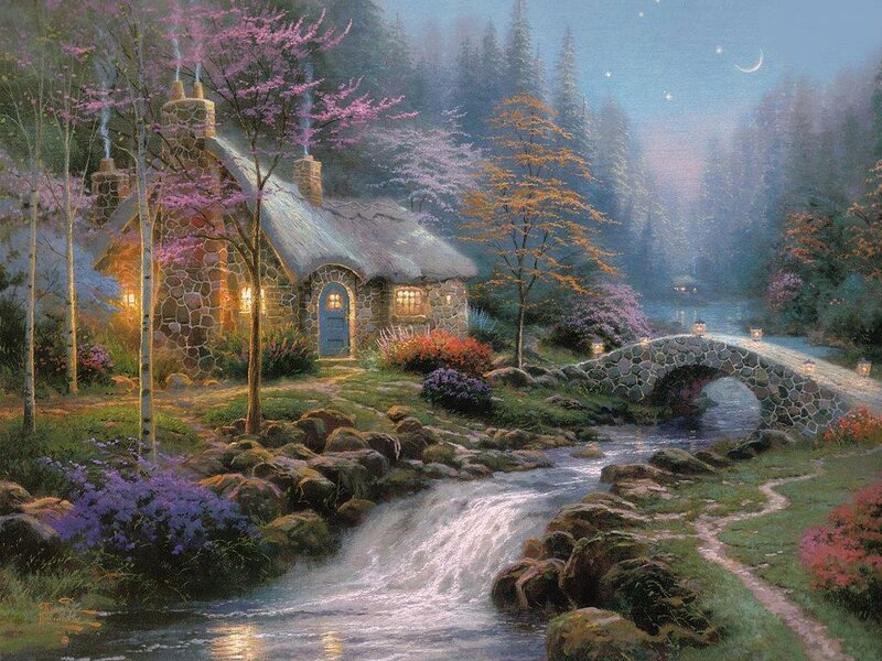 Cottage by a Stream — Green, Serene, Night