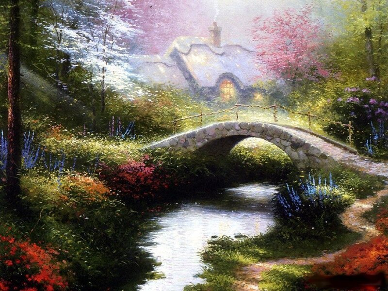 Cottage by a Stream — Green, Serene, Spring, Painting, Bridge, Flowers