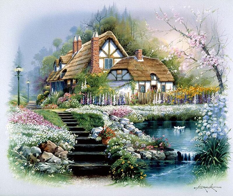 Cottage by a Stream — Green, Serene, Spring, Painting, Flowers