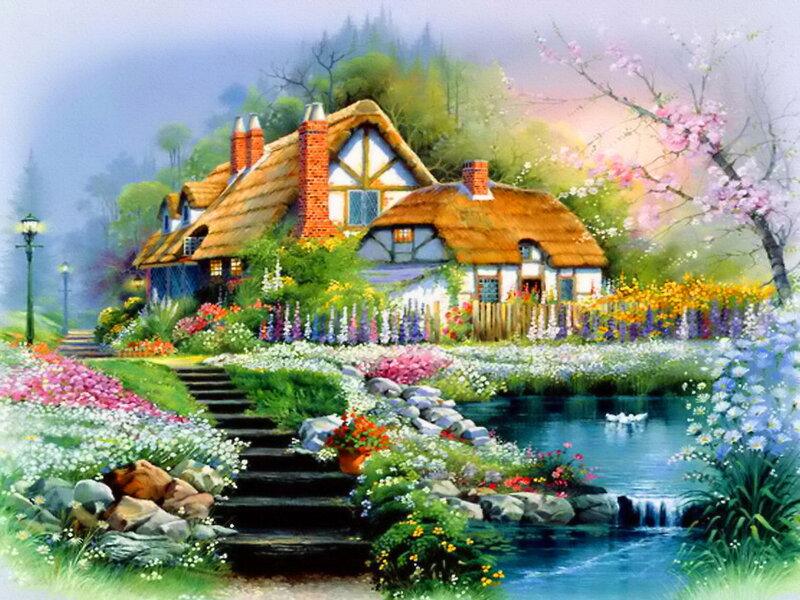 Cottage by a Stream — Green, Serene, Spring, Painting
