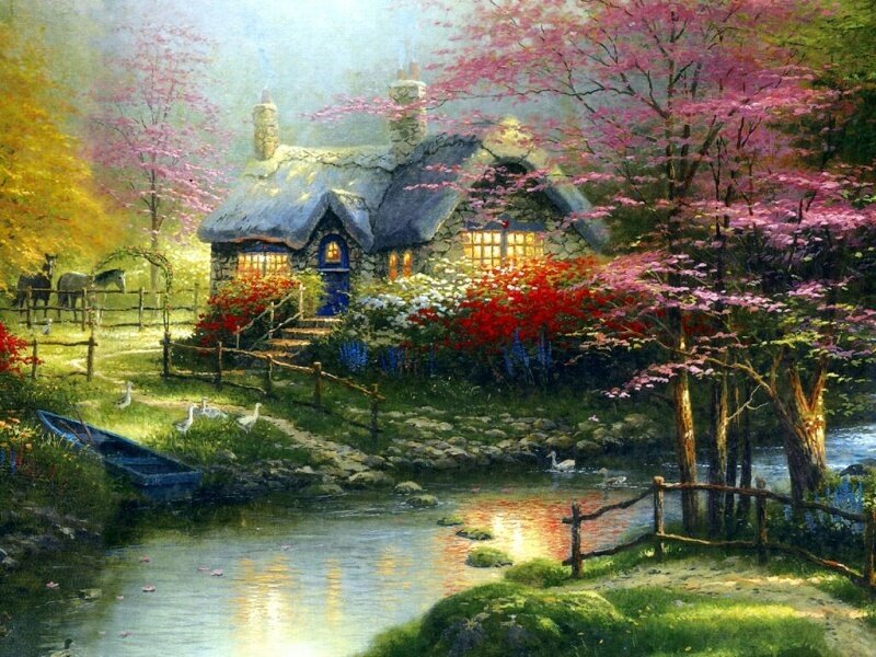 Cottage by a Stream — Green, Serene, Spring, Painting, Trees