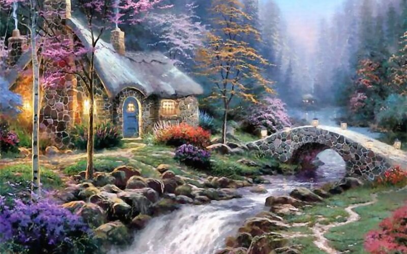Cottage by a Stream — Green, Serene, Spring