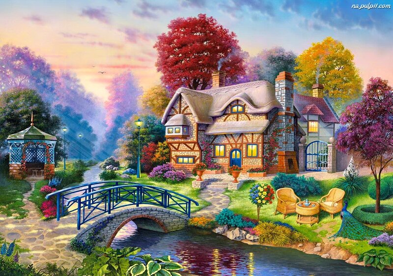 Cottage by a Stream — Green, Serene, Sunset, Illustration