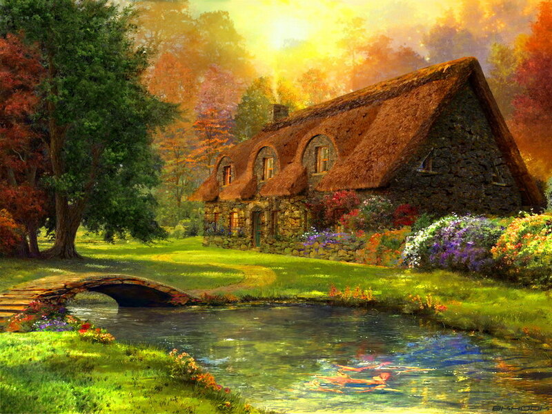 Cottage by a Stream — Green, Serene, Sunset, Painting, Bridge, Flowers