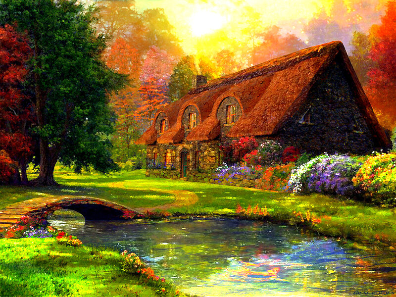 Cottage by a Stream — Green, Serene, Sunset, Painting, Bridge, Flowers, Trees