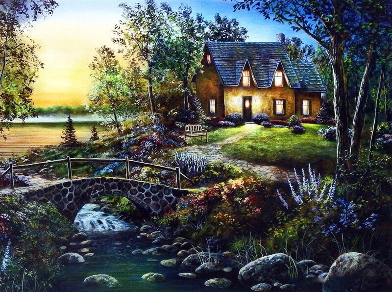 Cottage by a Stream — Green, Serene, Sunset, Painting, Bridge, Garden