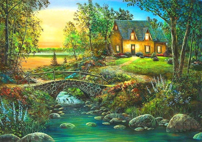 Cottage by a Stream — Green, Serene, Sunset, Painting, Bridge, House