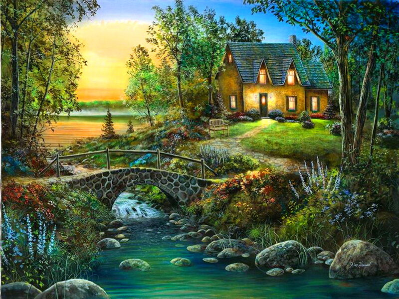 Cottage by a Stream — Green, Serene, Sunset, Painting, Bridge, River