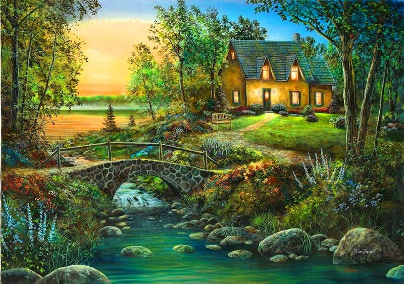 Cottage by a Stream — Green, Serene, Sunset, Painting, Bridge
